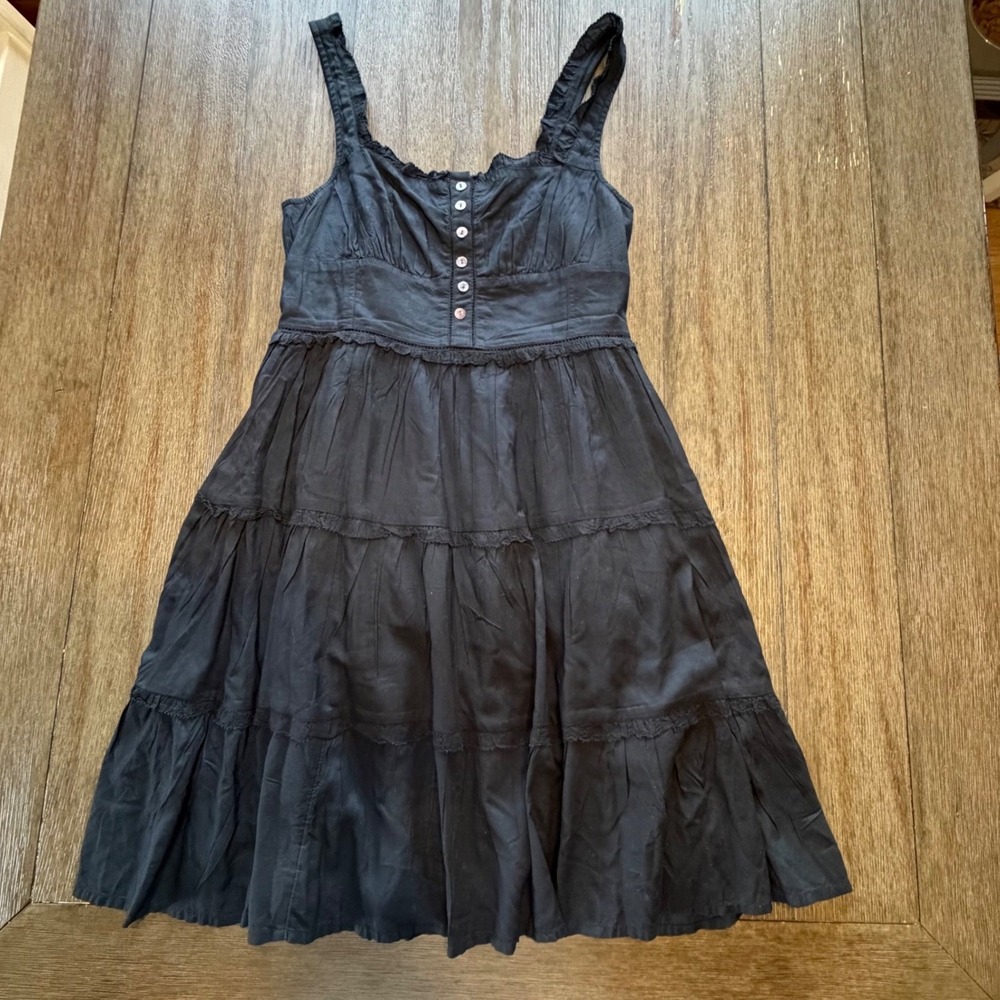 Lucky Brand Black Tiered Boho Mini Dress Smocked Back Lace Trim Womens Small‎
